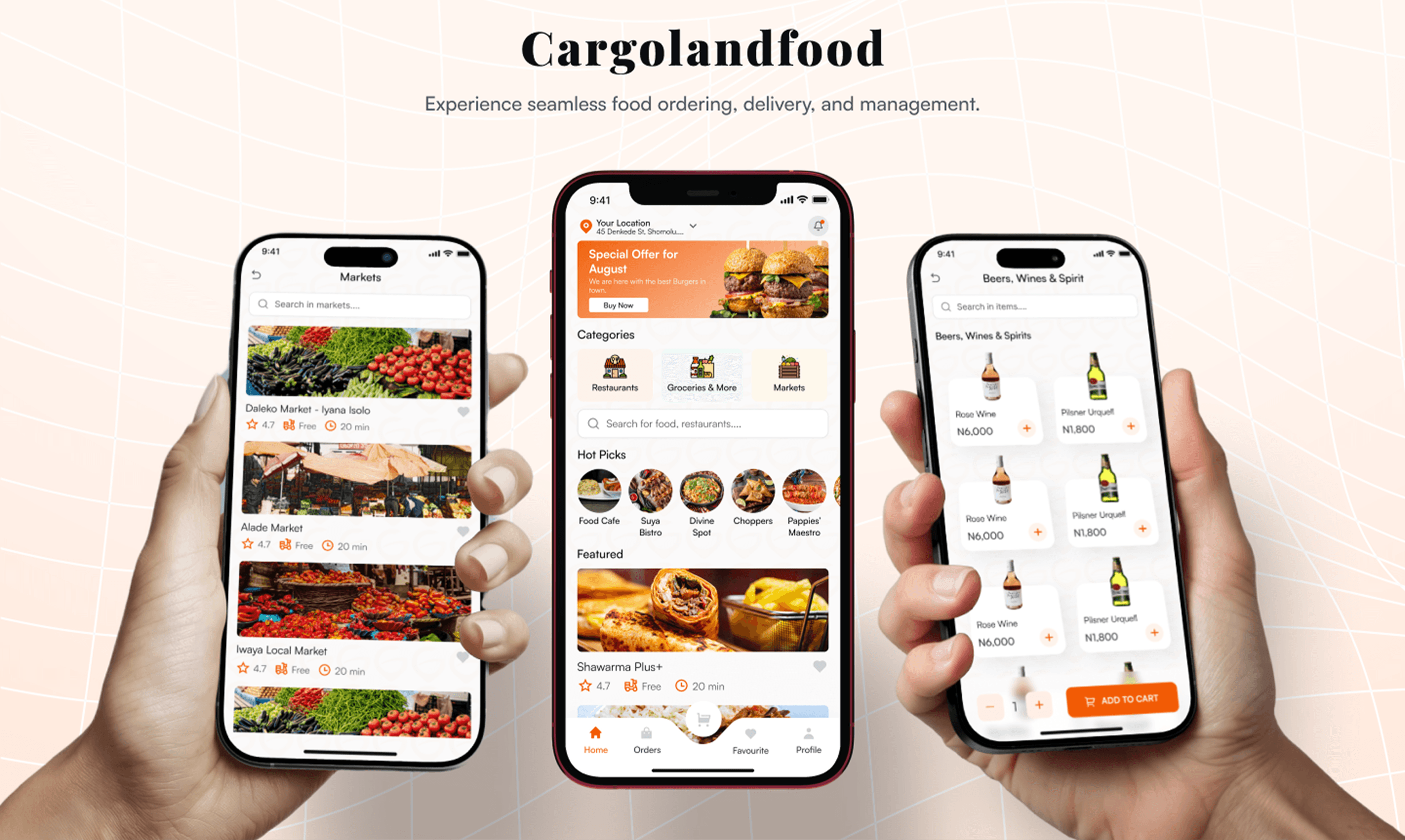 Three Cargoland Food app screens held in hand: markets, home with categories and featured food, and a drinks listing