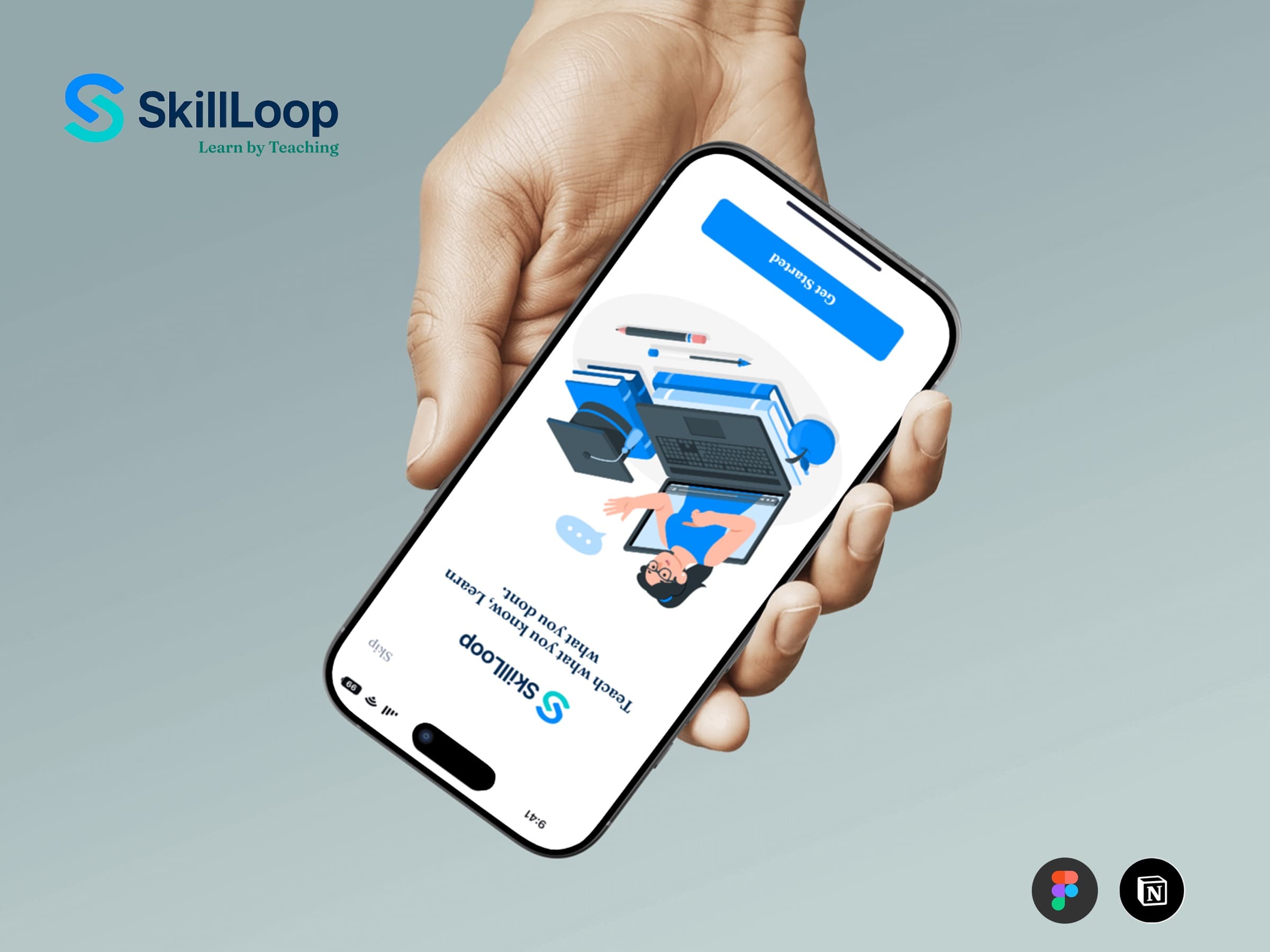 SkillLoop's welcome screen, Teach what you know, learn what you don't, on a phone held in hand