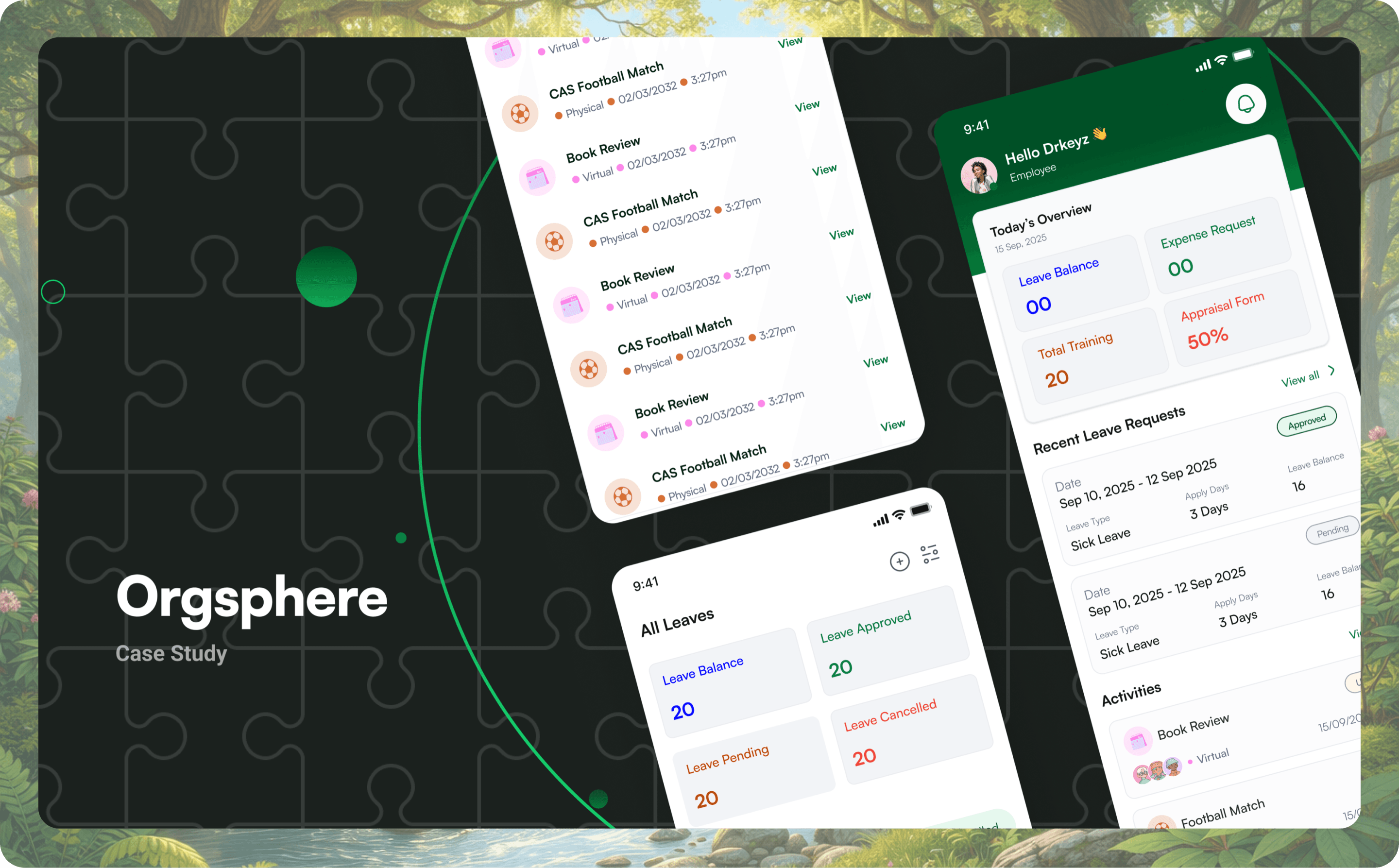 Orgsphere case study cover: an activities list, the employee home with today's overview and recent leave requests, and all leaves, on a dark puzzle-pattern background