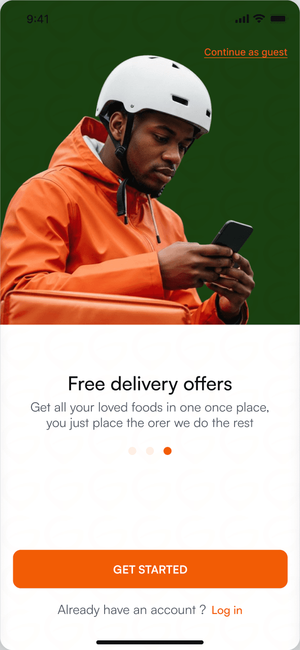 Onboarding: free delivery offers, with a rider in a helmet, Get Started and Continue as guest