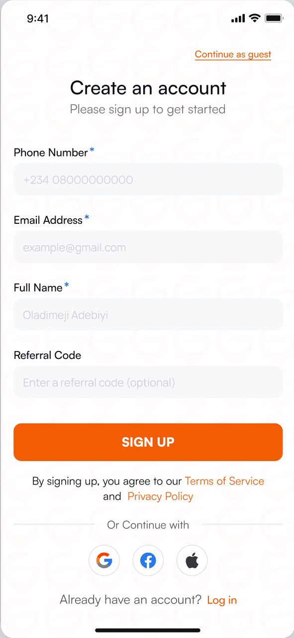 Create an account: phone number, email, full name and optional referral code, with Google, Facebook and Apple sign-in