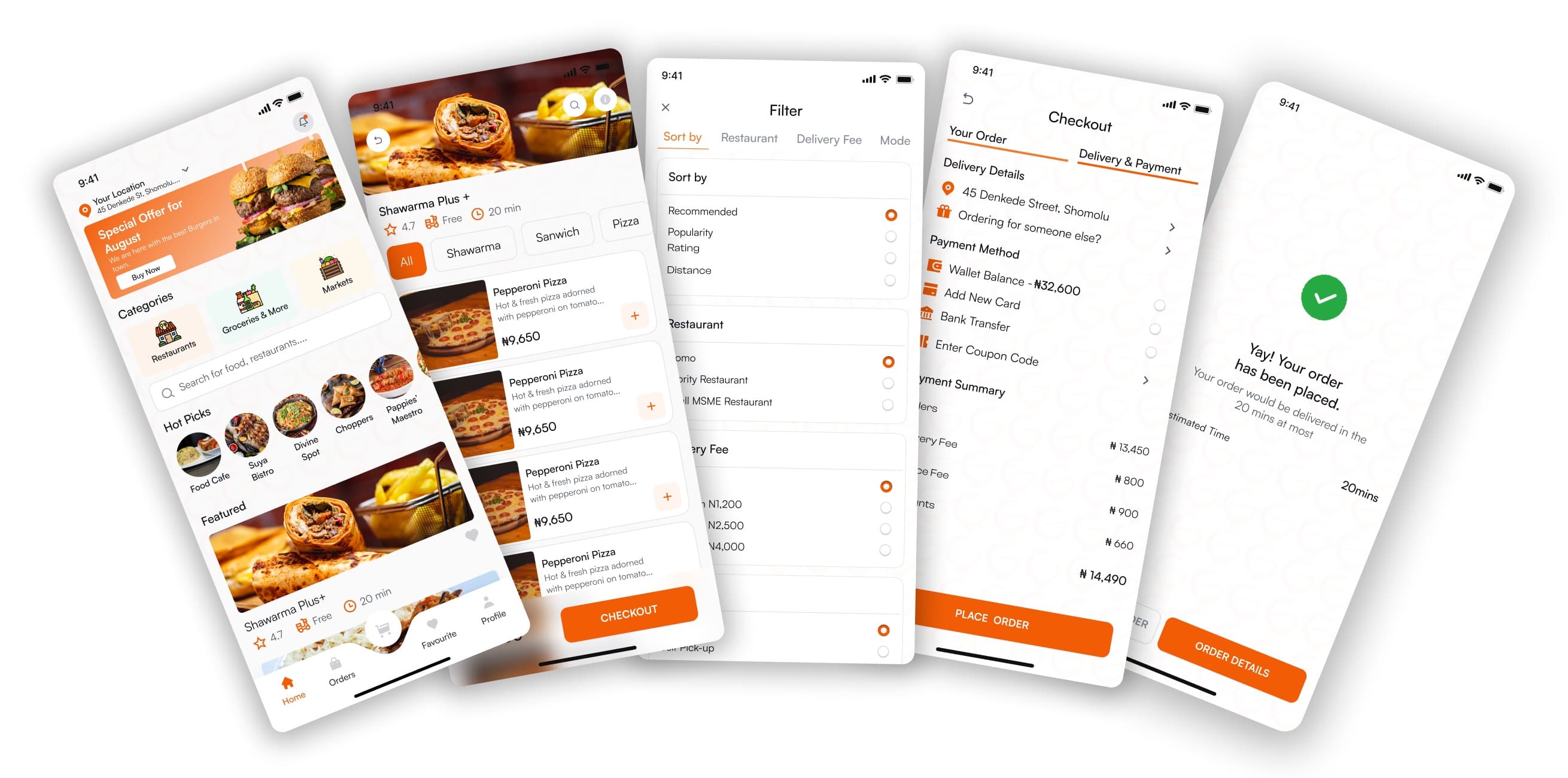 The order flow: home feed, Shawarma Plus+ menu, filter sheet, checkout with wallet balance and totals, and the order placed confirmation