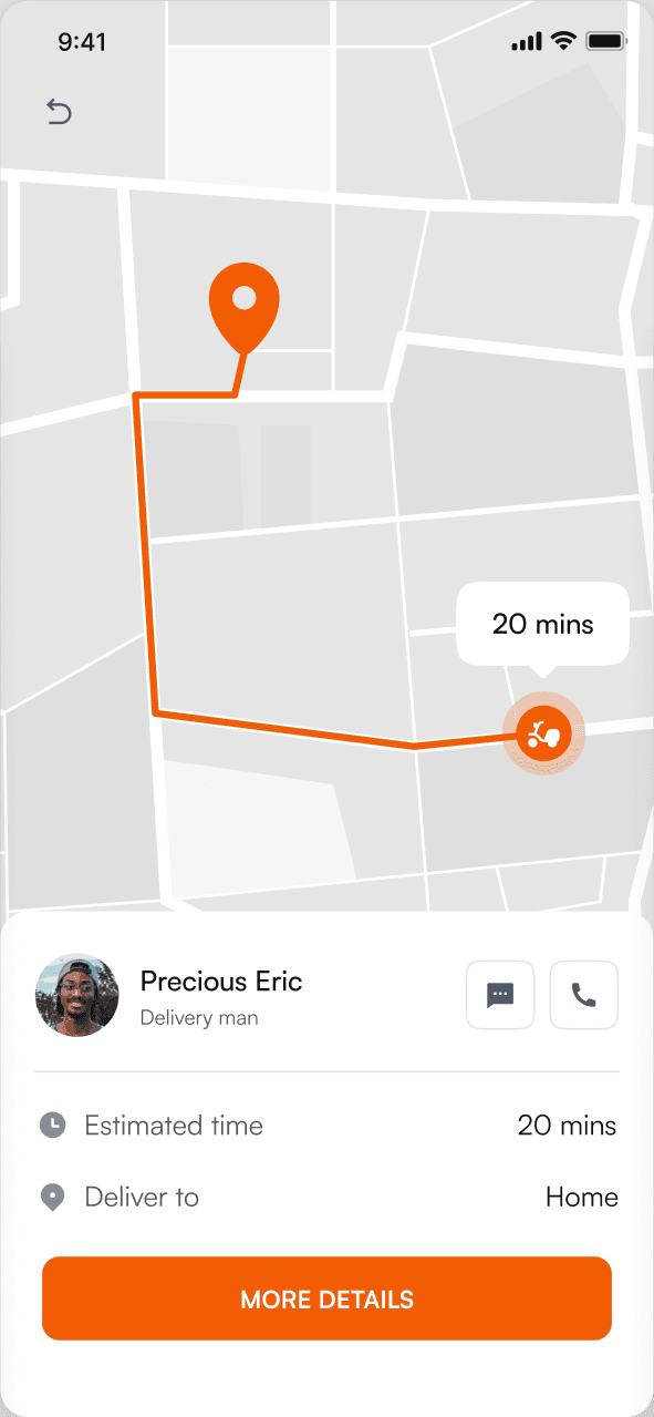 Live tracking: a map with the rider's route, a 20 minute estimate, the rider's card with message and call buttons