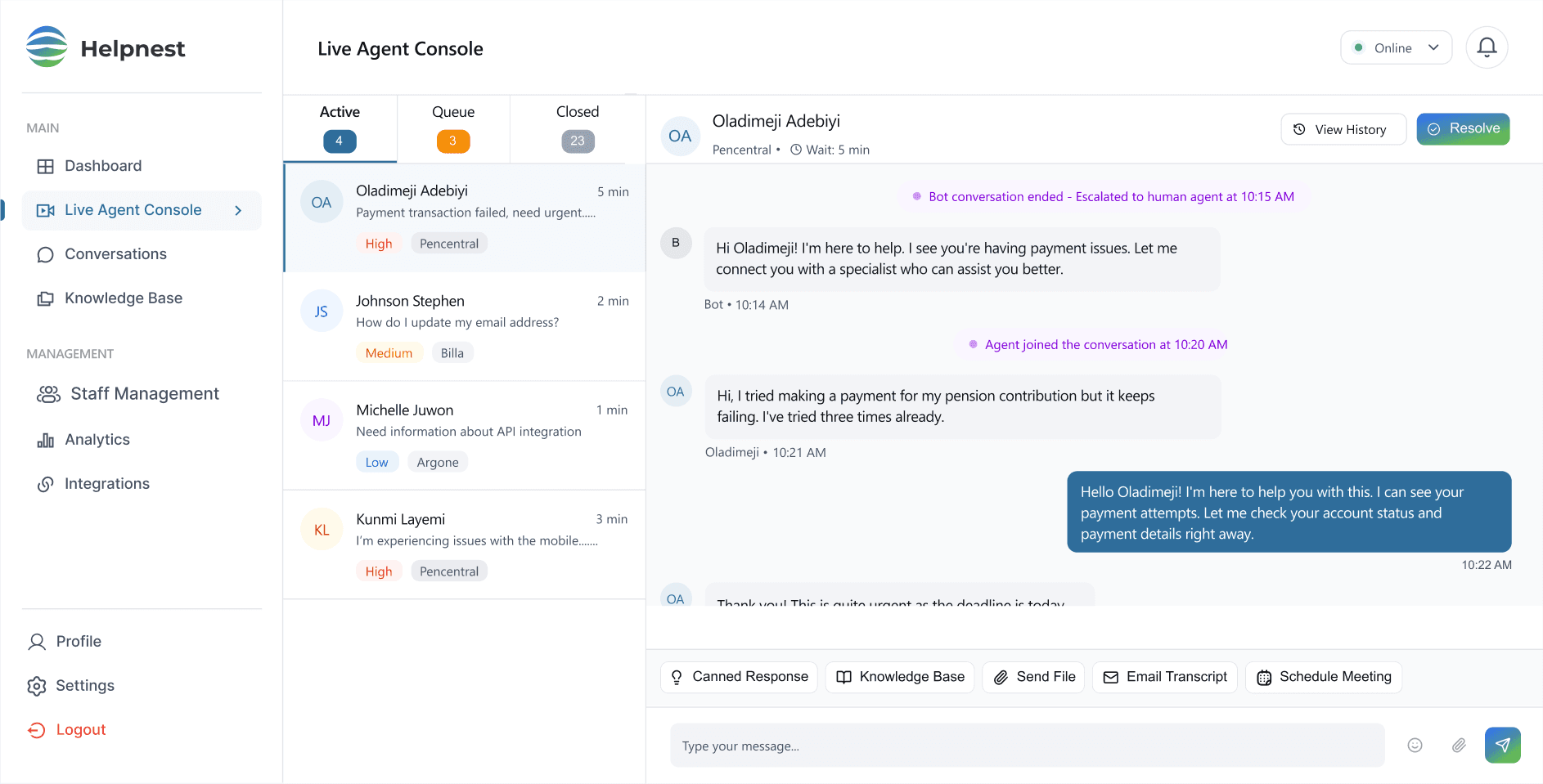 Live agent console: a prioritised queue on the left, the active conversation with bot and agent messages in the centre, and quick actions below
