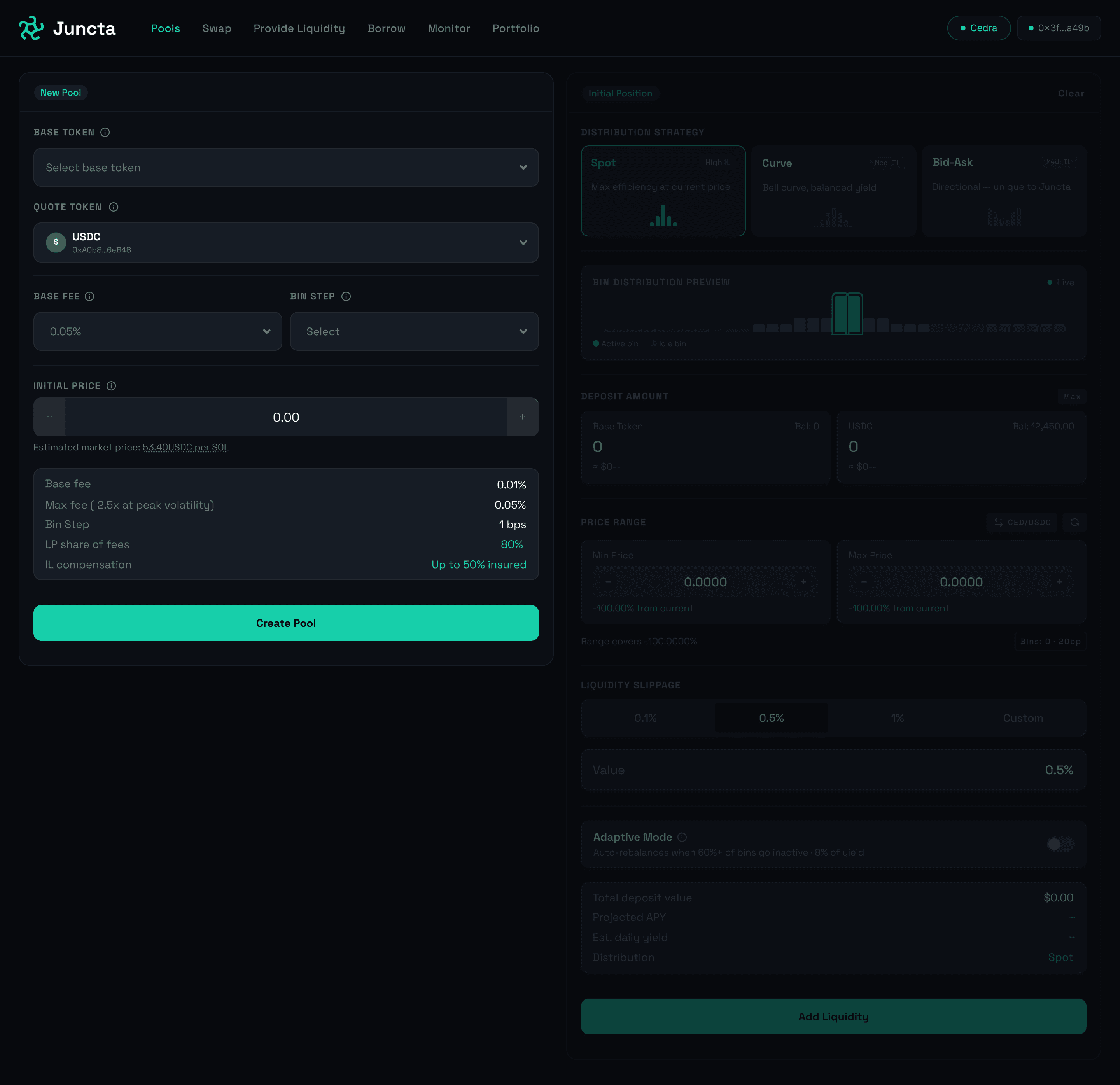 New pool, step one: base and quote token, base fee, bin step, initial price with the estimated market price, and a fee summary. The initial position panel is dimmed.