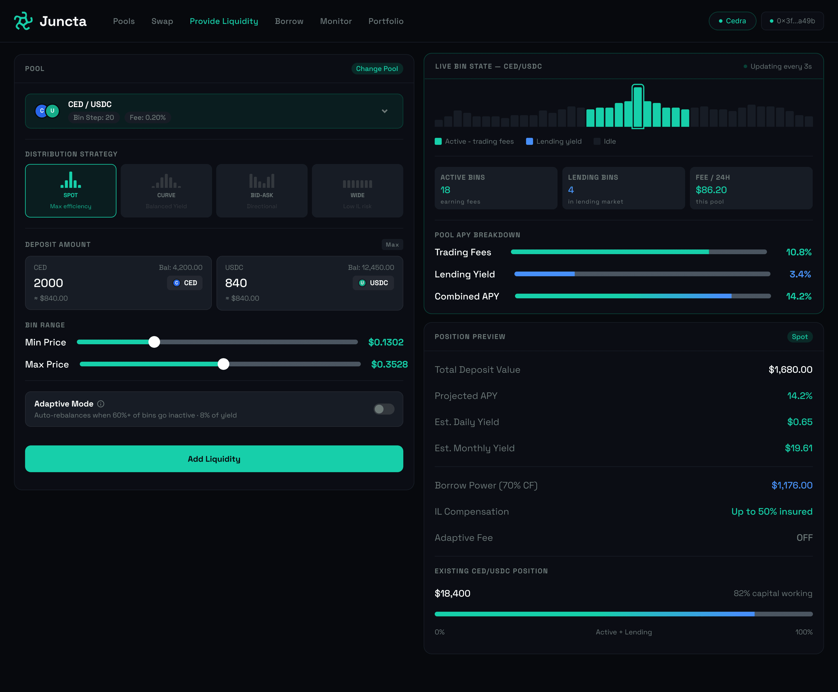 Provide liquidity: pool, distribution strategy, deposit amounts and bin range on the left; live bin state, pool APY breakdown and position preview on the right