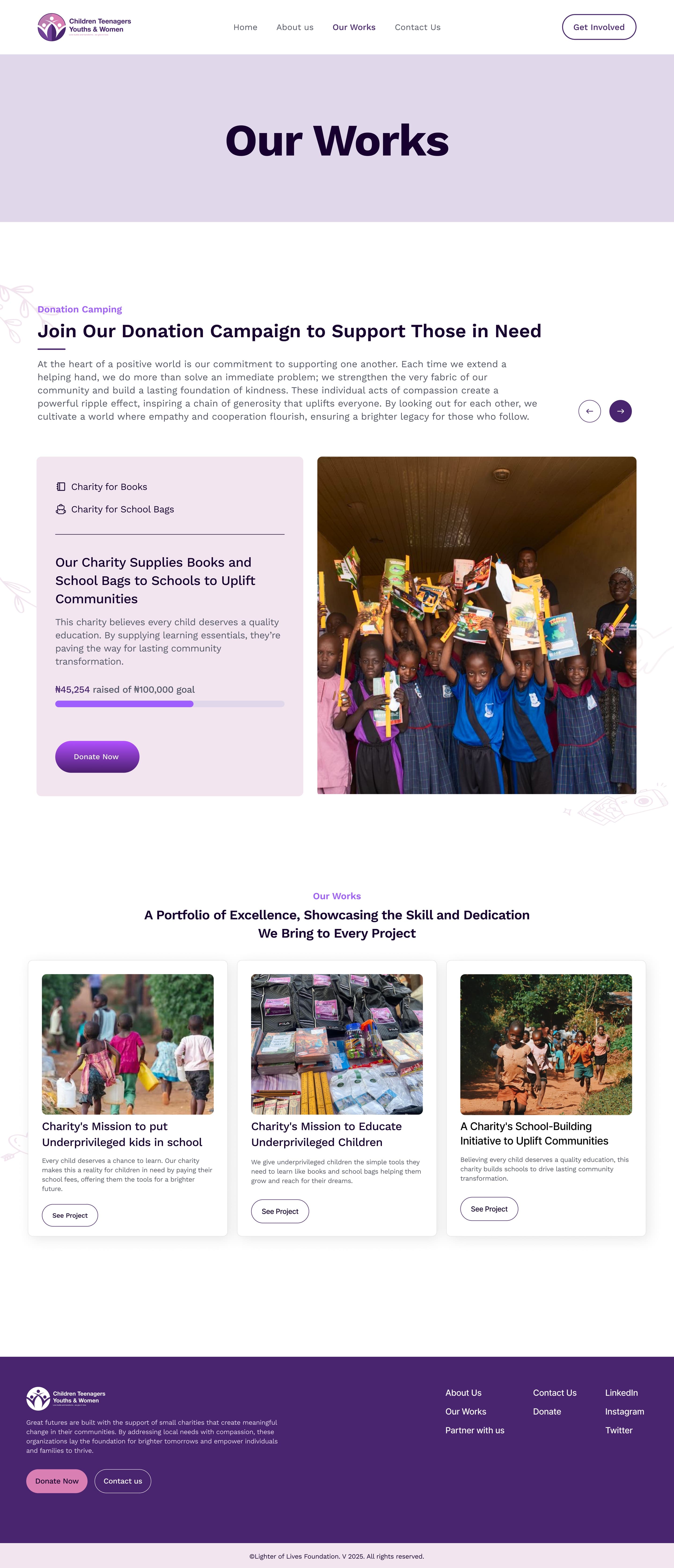 A donation campaign card: Our Charity Supplies Books and School Bags to Schools, with 45,254 naira raised of a 100,000 naira goal, beside a photo of pupils holding up their new books