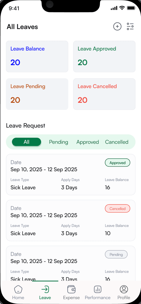 All leaves: four summary cards, filter tabs, and leave requests