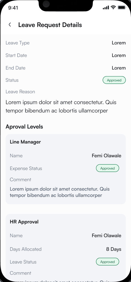 Leave request details: leave type, dates, status, reason, and the approval chain from line manager to HR