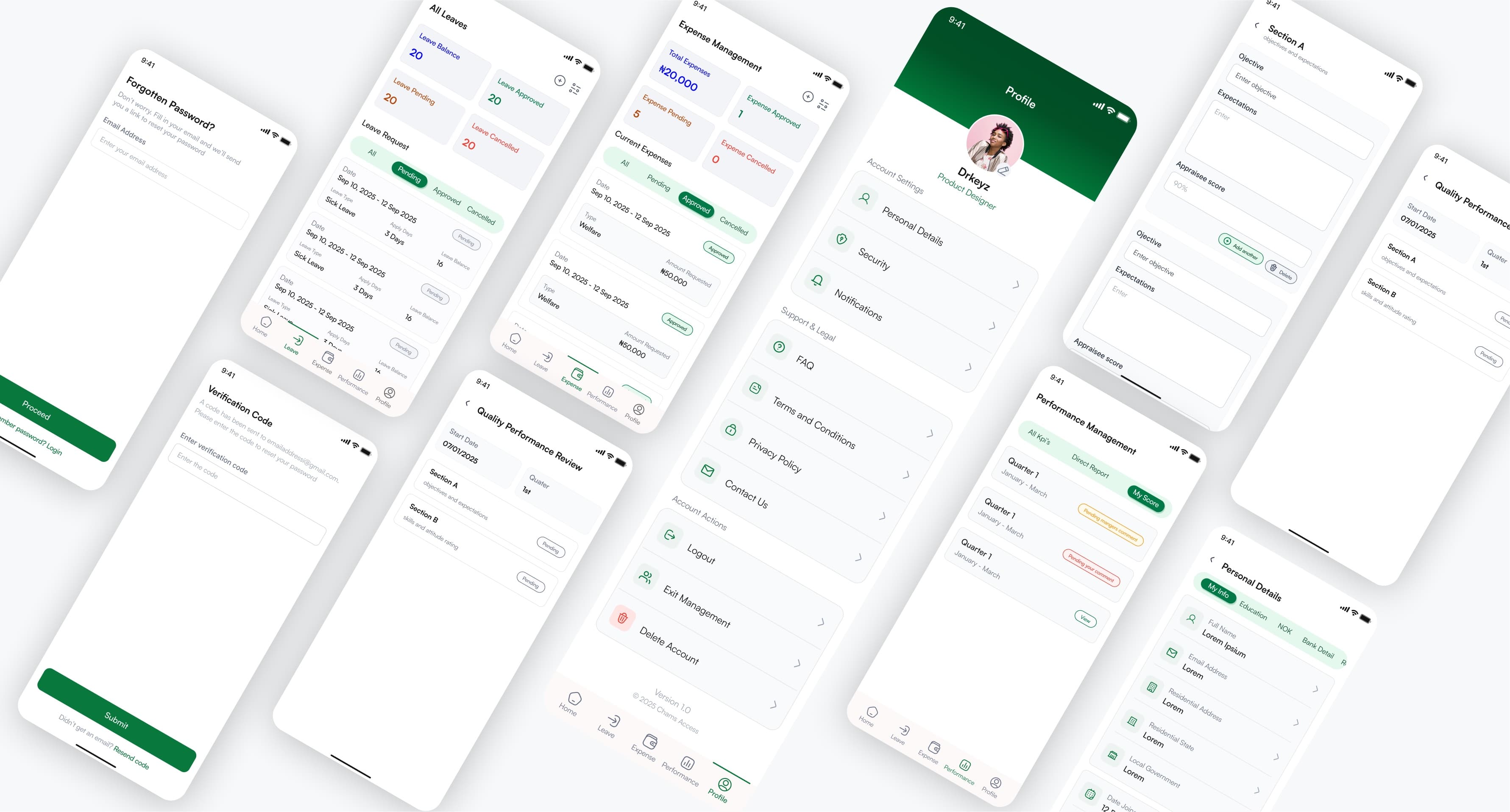 More Orgsphere screens: forgotten password, verification code, all leaves, expense management, profile, quality performance review, section A objectives, performance scores and personal details