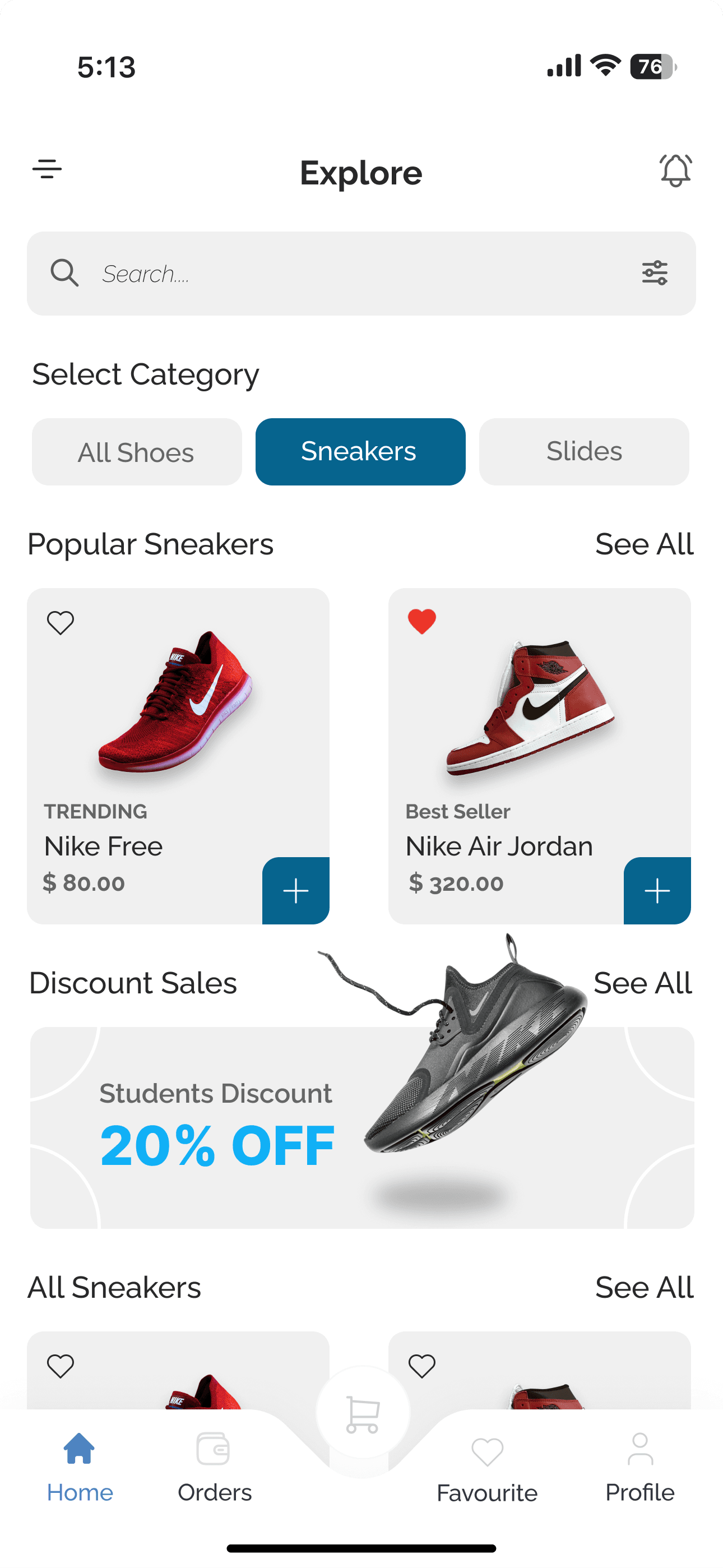 Explore: search, category chips, popular sneakers, a student discount and all sneakers